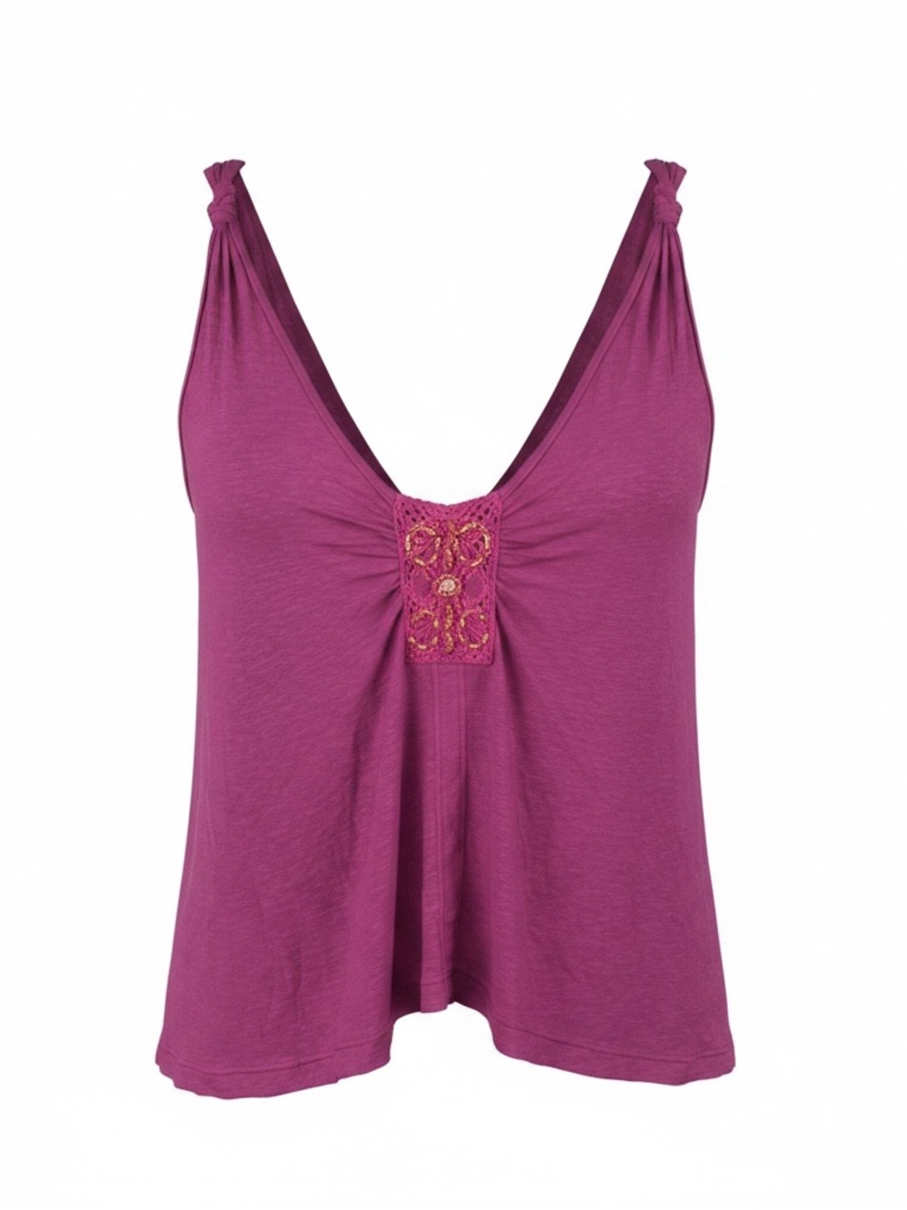 Free People top S/P pink beaded distressed linen blend shark bite tank crop top